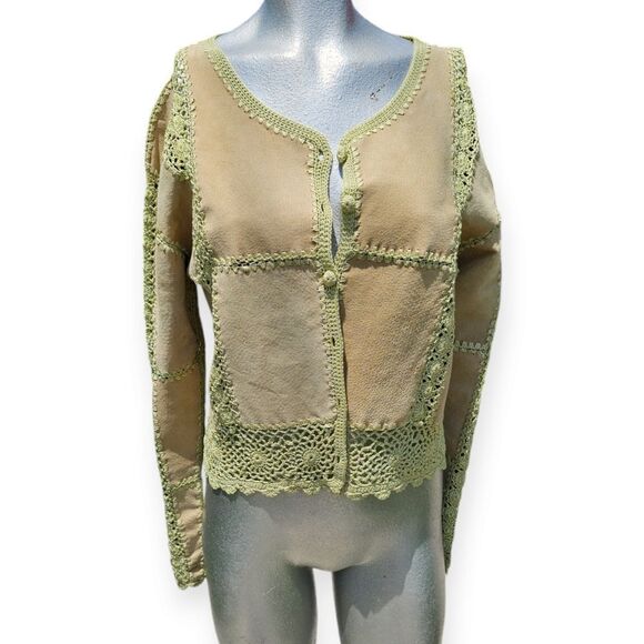 Vintage Kroshetta Leather Patchwork Crochet Cardigan Y2K Beige Green - Picture 1 of 14